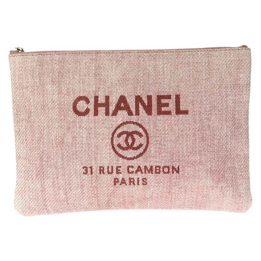 Chanel Deauville CC Logo Pink Silver Canvas Clutch Pouch