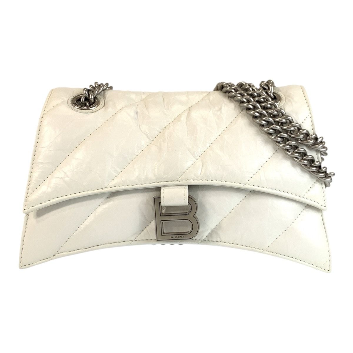 Balenciaga Hourglass Crushed Chain White Silver Leather Shoulder Bag