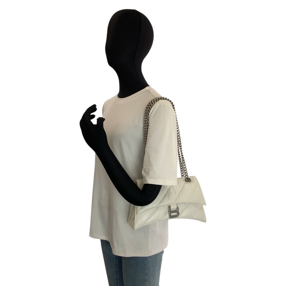 Balenciaga Hourglass Crushed Chain White Silver Leather Shoulder Bag — view 6