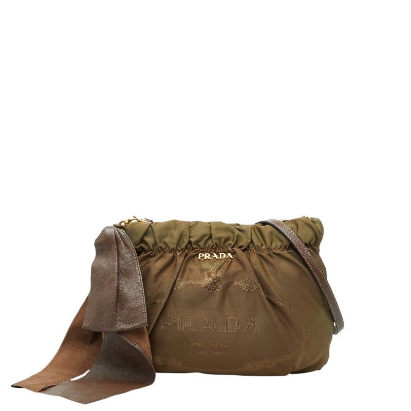 Prada Logo Ribbon Shoulder Bag Light Khaki Brown Leather Tessuto Nylon