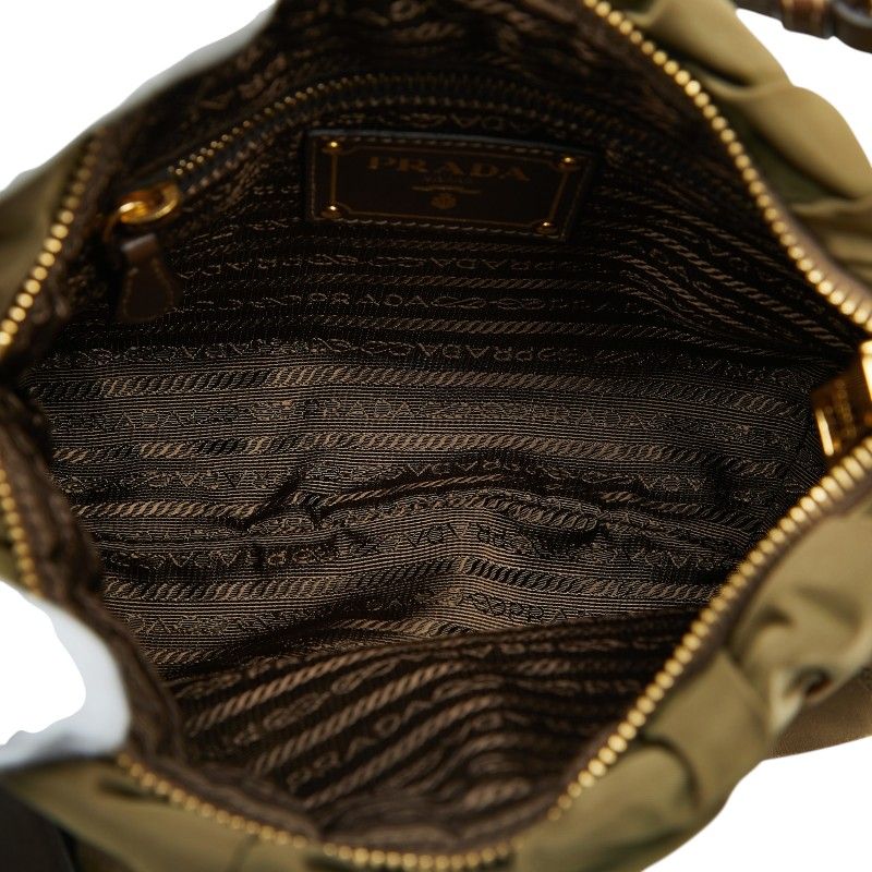Prada Logo Ribbon Shoulder Bag Light Khaki Brown Leather Tessuto Nylon — view 6