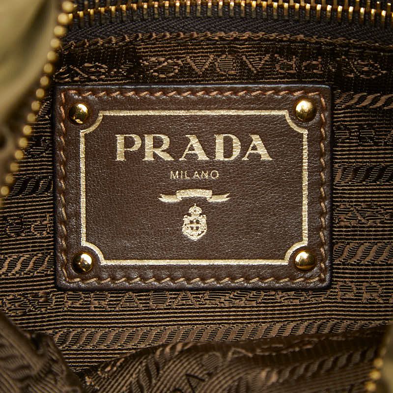 Prada Logo Ribbon Shoulder Bag Light Khaki Brown Leather Tessuto Nylon — view 7