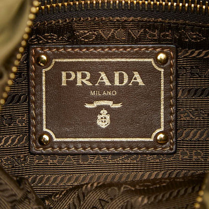 Prada Logo Ribbon Shoulder Bag Light Khaki Brown Leather Tessuto Nylon — view 7