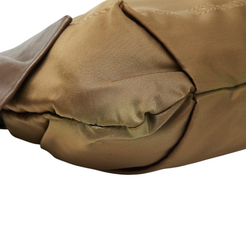 Prada Logo Ribbon Shoulder Bag Light Khaki Brown Leather Tessuto Nylon — view 5
