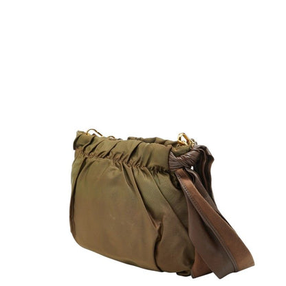 Prada Logo Ribbon Shoulder Bag Light Khaki Brown Leather Tessuto Nylon — view 2