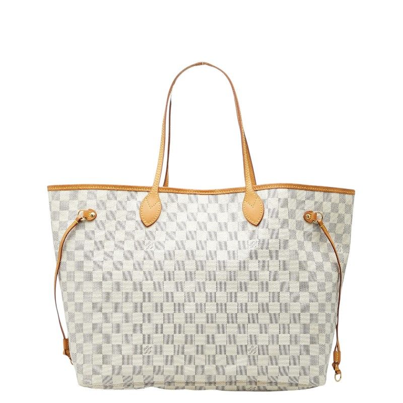Louis Vuitton Damier Azur Neverfull GM Shoulder Bag Tote White Brown Leather