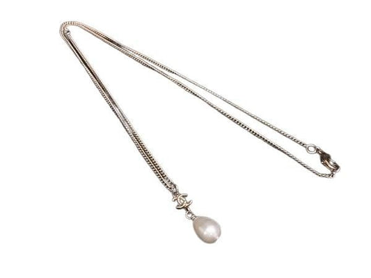 Chanel Necklace CC Logo Gold Metal Faux Pearl Pendant