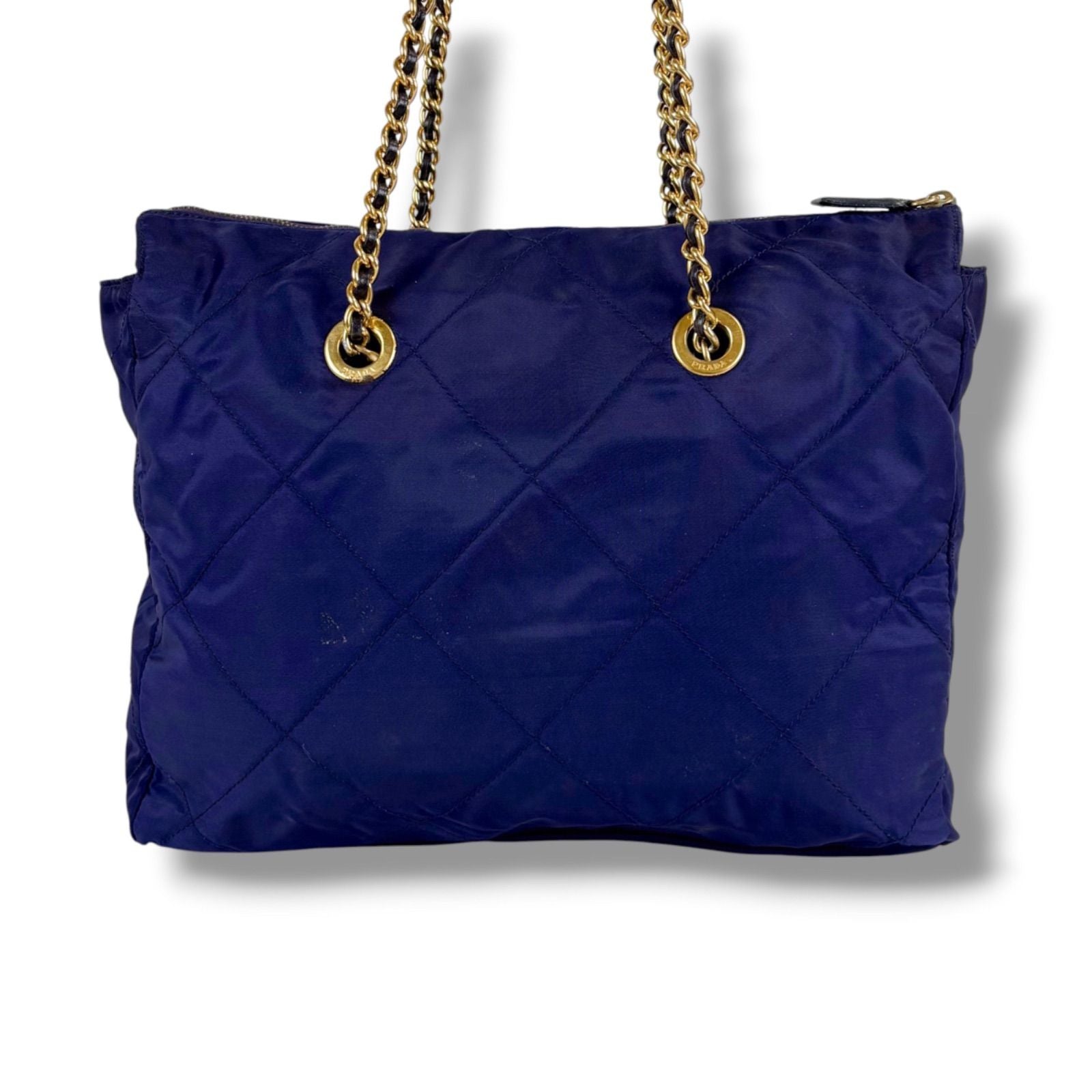 Prada Quilted Triangle Logo Chain Shoulder Bag Tote Navy Tessuto — view 3