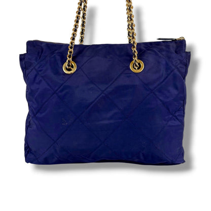 Prada Quilted Triangle Logo Chain Shoulder Bag Tote Navy Tessuto — view 3