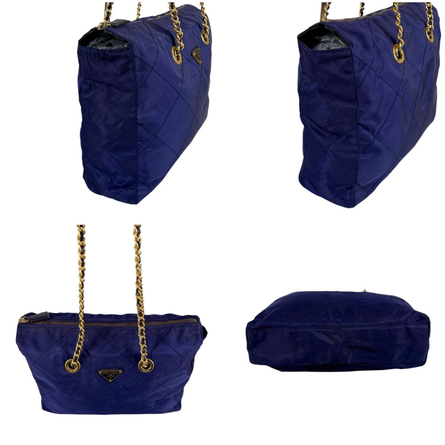Prada Quilted Triangle Logo Chain Shoulder Bag Tote Navy Tessuto — view 4