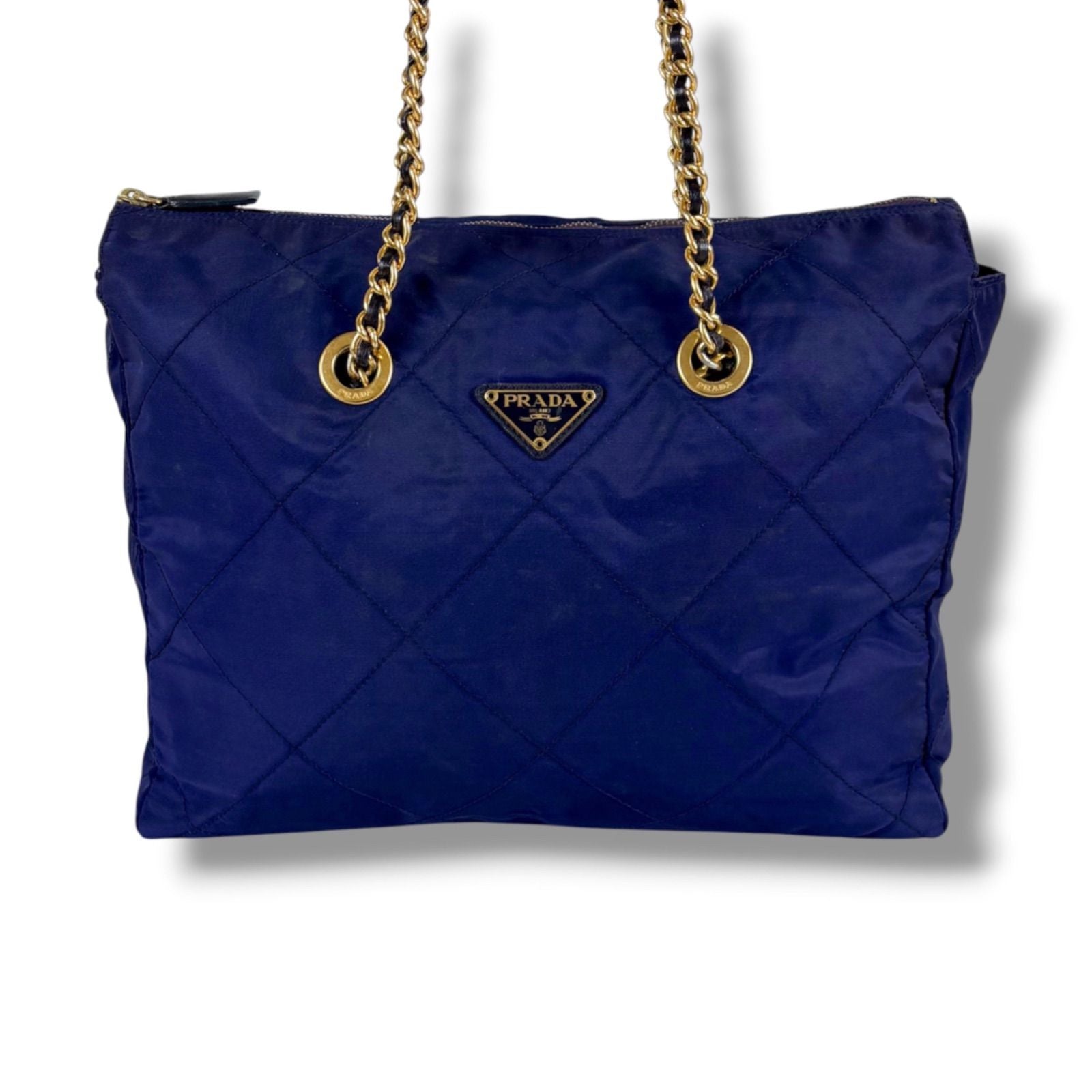 Prada Quilted Triangle Logo Chain Shoulder Bag Tote Navy Tessuto — view 2