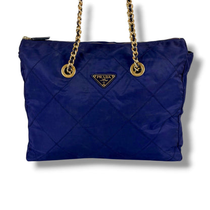 Prada Quilted Triangle Logo Chain Shoulder Bag Tote Navy Tessuto — view 2