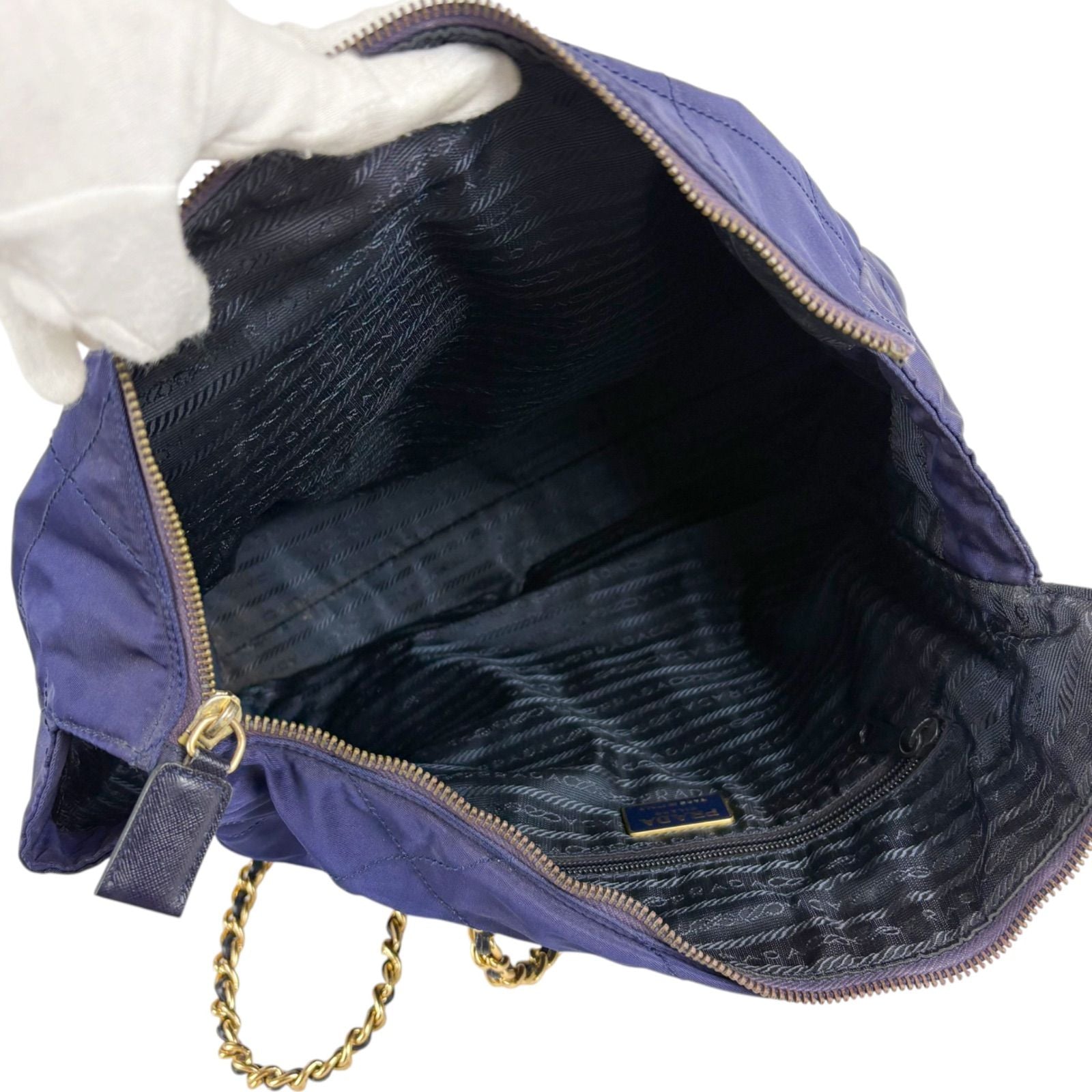 Prada Quilted Triangle Logo Chain Shoulder Bag Tote Navy Tessuto — view 8