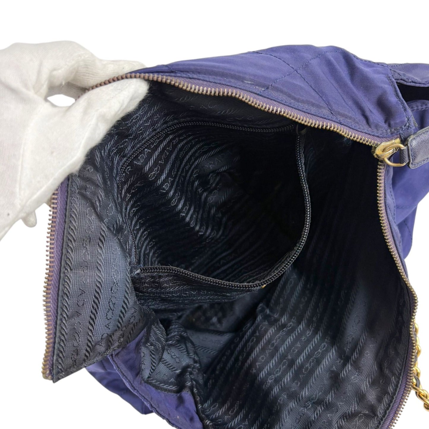 Prada Quilted Triangle Logo Chain Shoulder Bag Tote Navy Tessuto — view 9