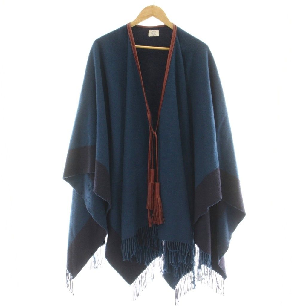Hermes Poncho Cover Wool Cashmere Blend Tassel Cowhide Navy MW Cape
