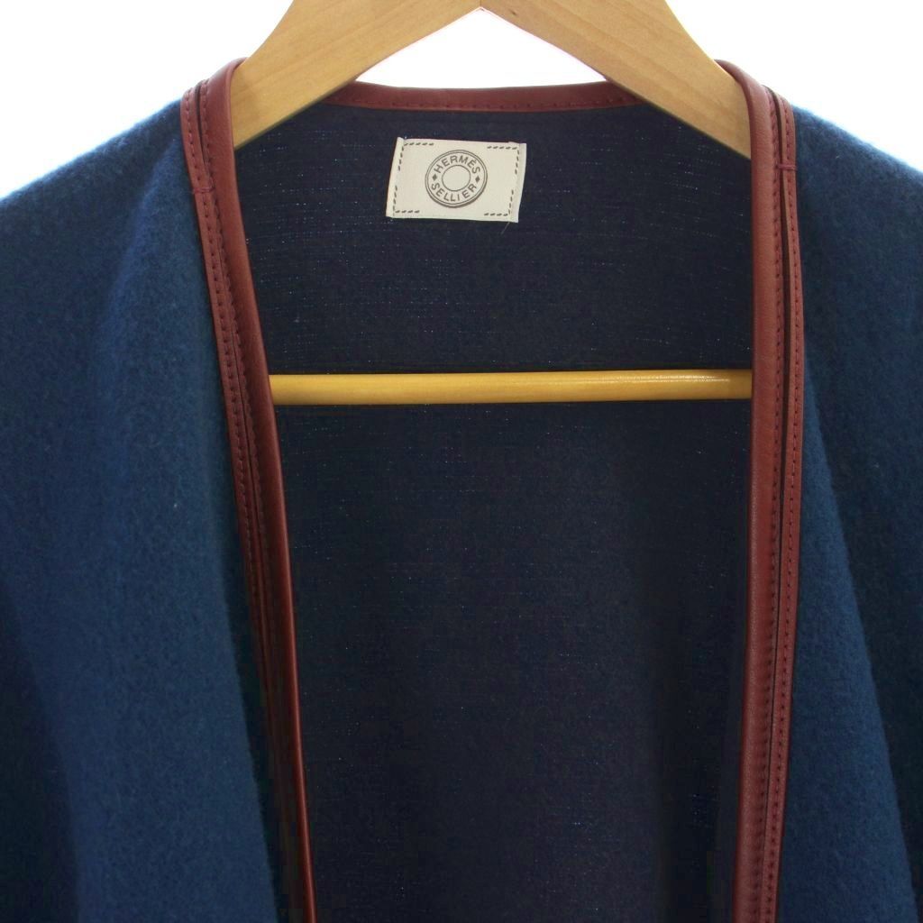 Hermes Poncho Cover Wool Cashmere Blend Tassel Cowhide Navy MW Cape — view 3