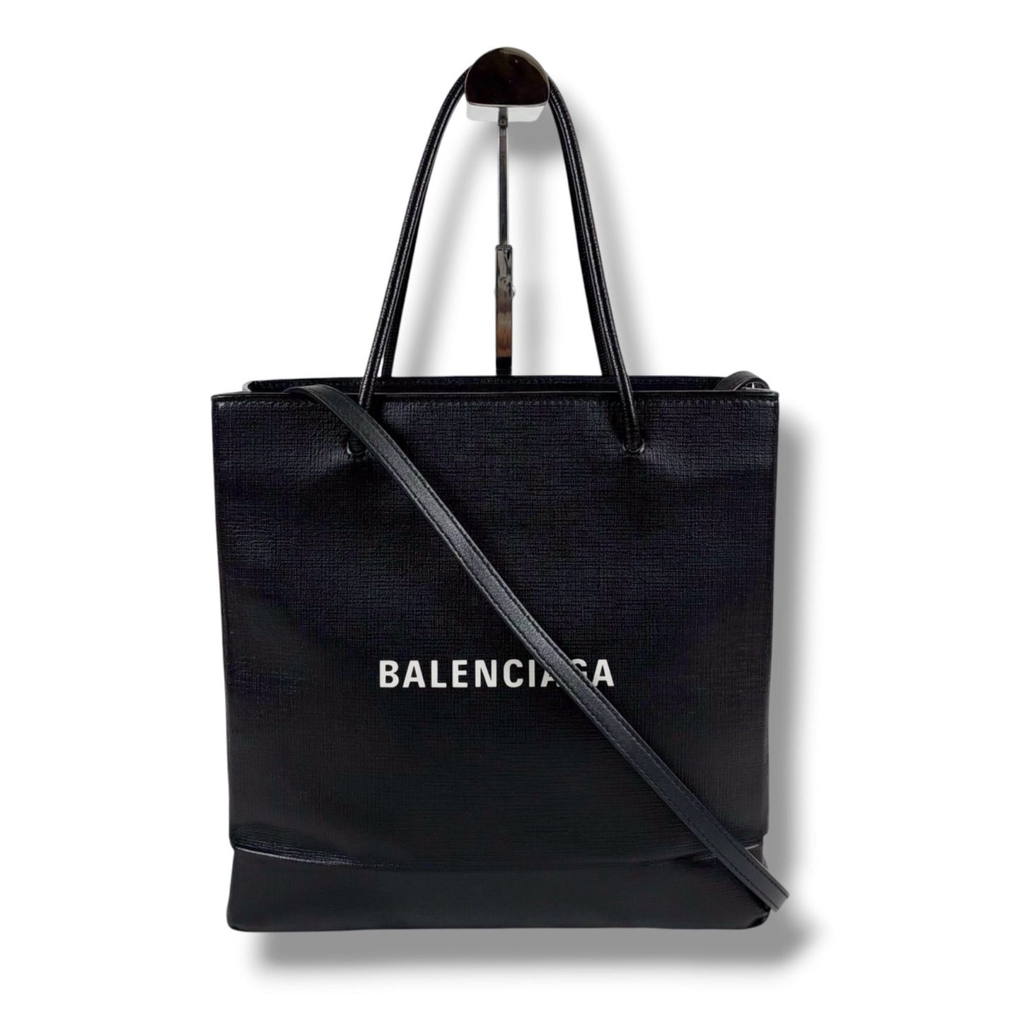 Balenciaga Logo Shopping Tote 2-Way Shoulder Bag Black Leather