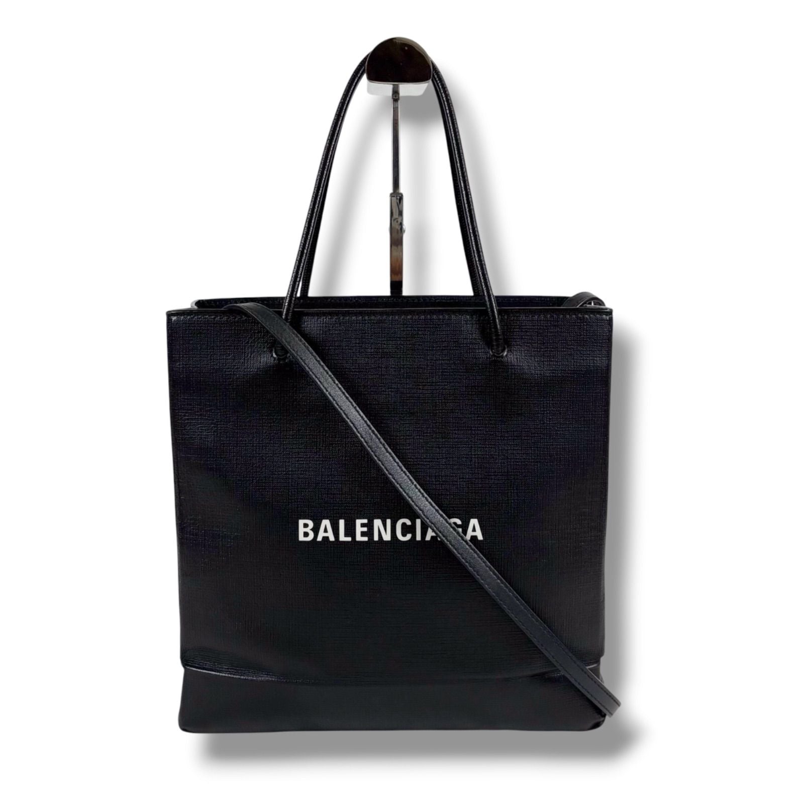 Balenciaga Logo Shopping Tote 2-Way Shoulder Bag Black Leather