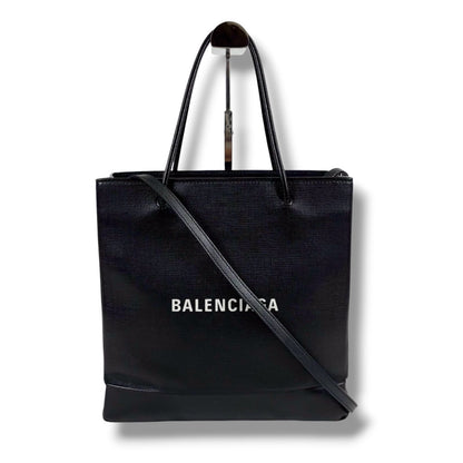 Balenciaga Logo Shopping Tote 2-Way Shoulder Bag Black Leather