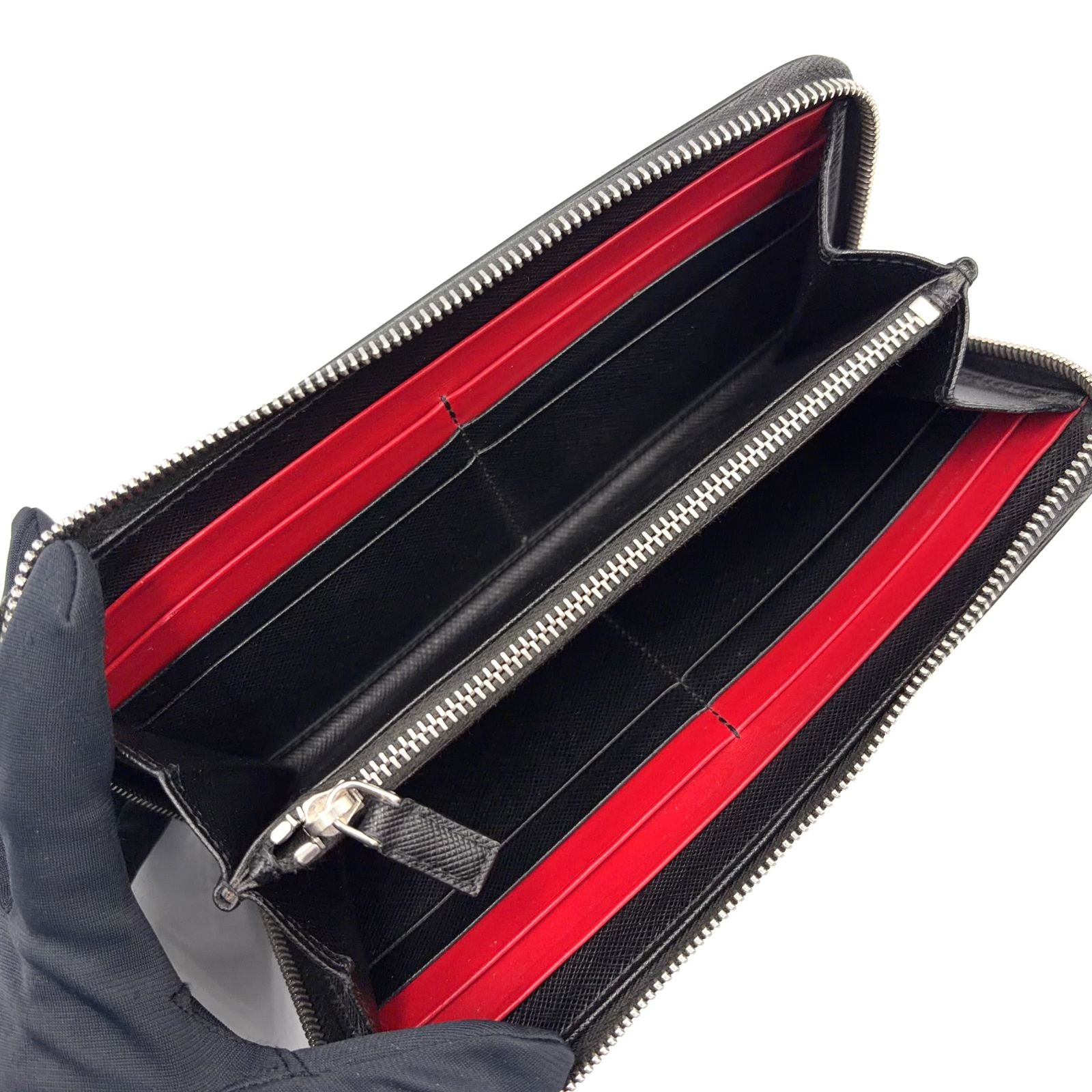 Prada Zip Around Leather Black Wallet Silver — view 3