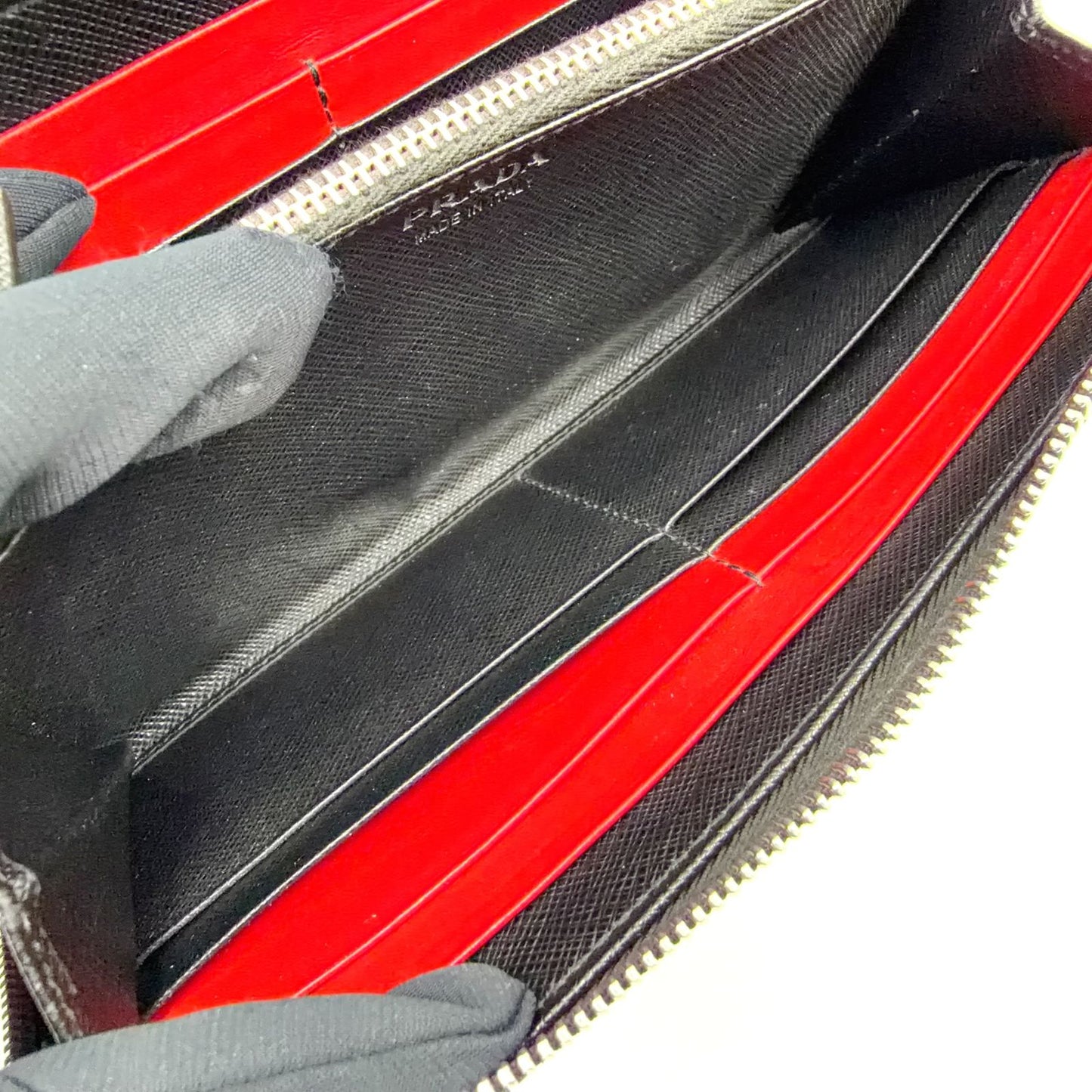 Prada Zip Around Leather Black Wallet Silver — view 7