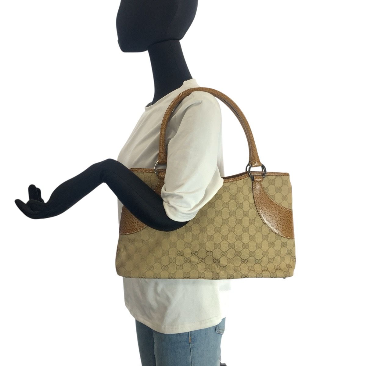 Gucci Beige Light Brown Silver GG Canvas Leather Tote Shoulder Bag — view 6
