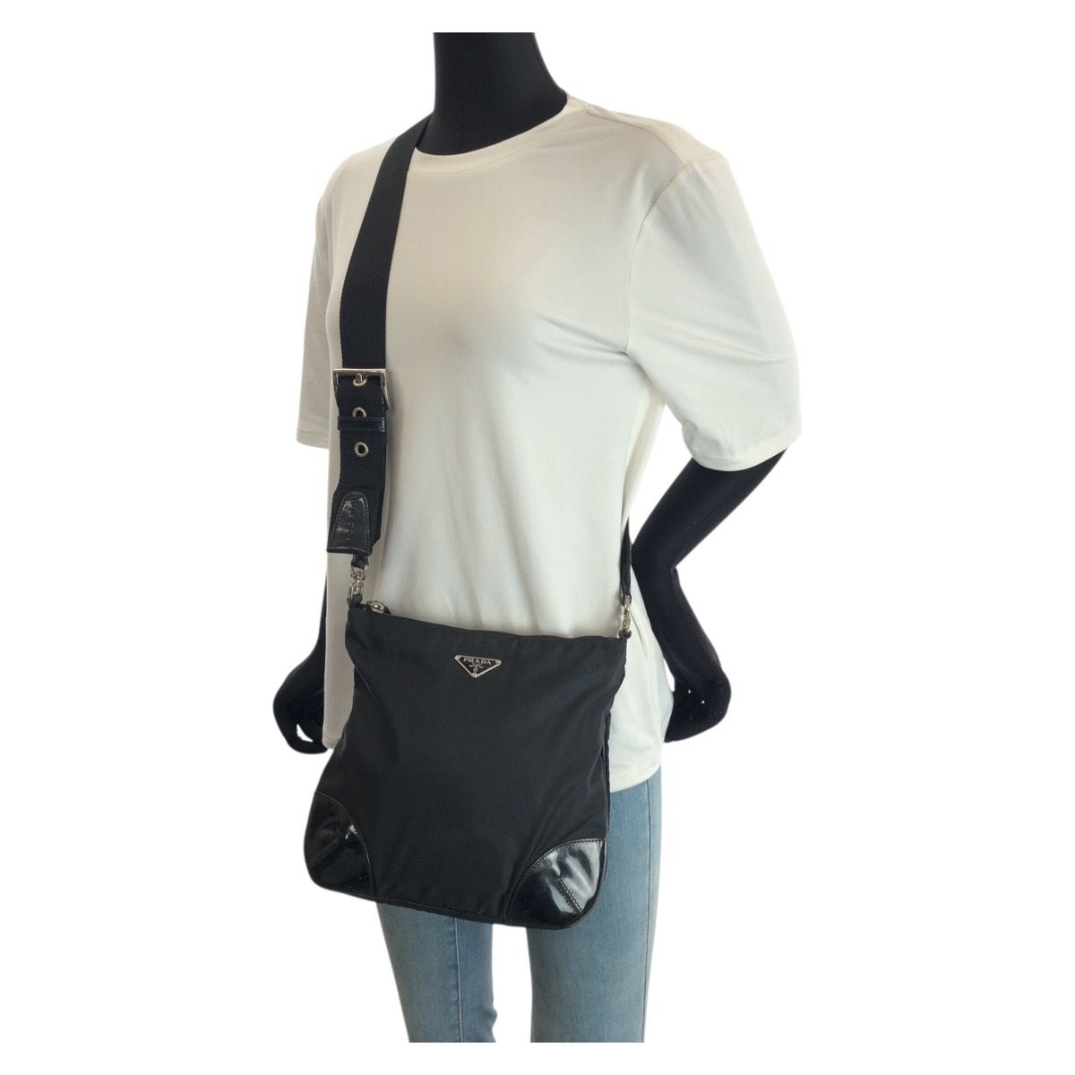 Prada Tessuto Black Silver Nylon Shoulder Bag — view 7