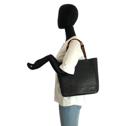 Chanel Vintage CC Logo Marble Chain Black Leather Tote Shoulder Bag — view 7