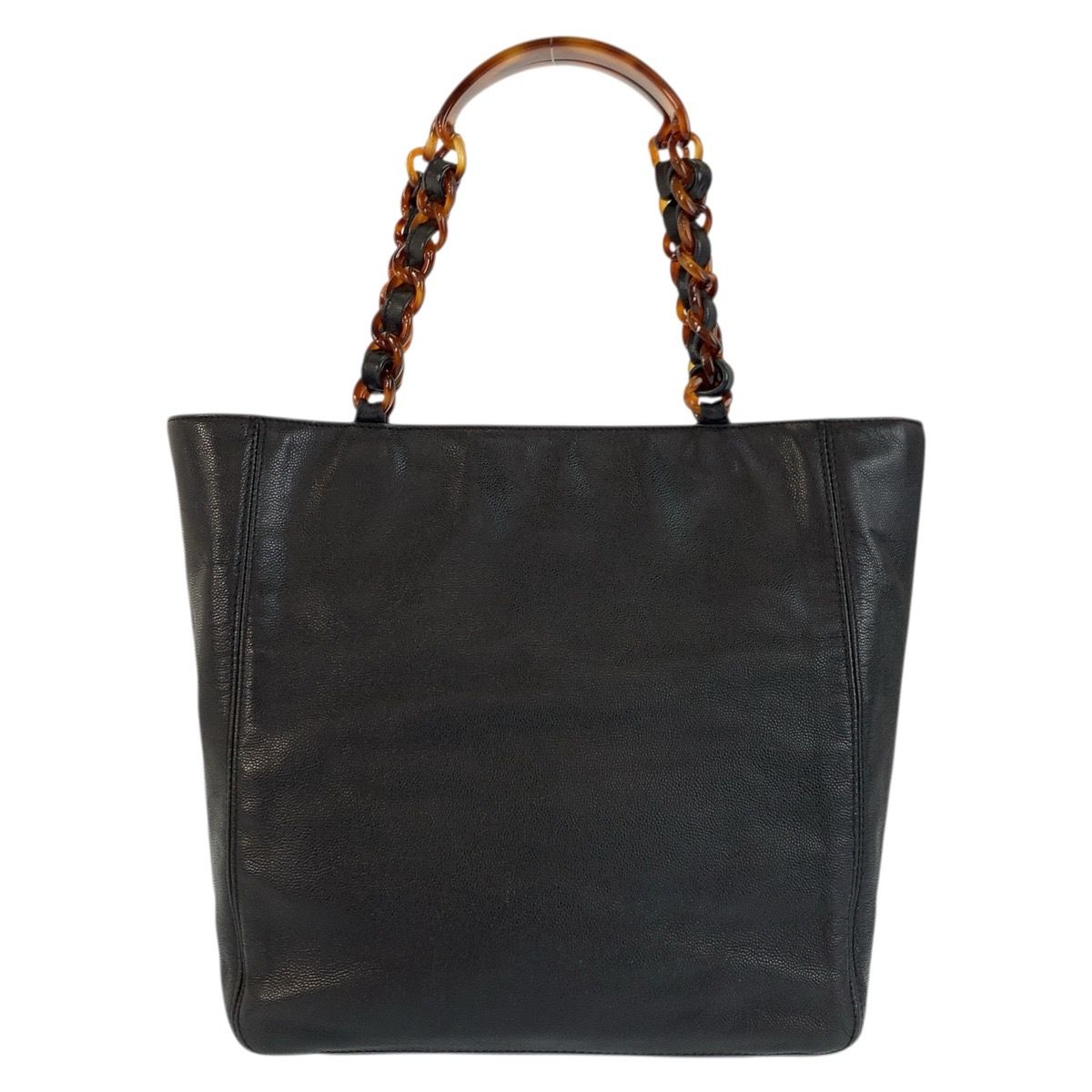 Chanel Vintage CC Logo Marble Chain Black Leather Tote Shoulder Bag — view 2