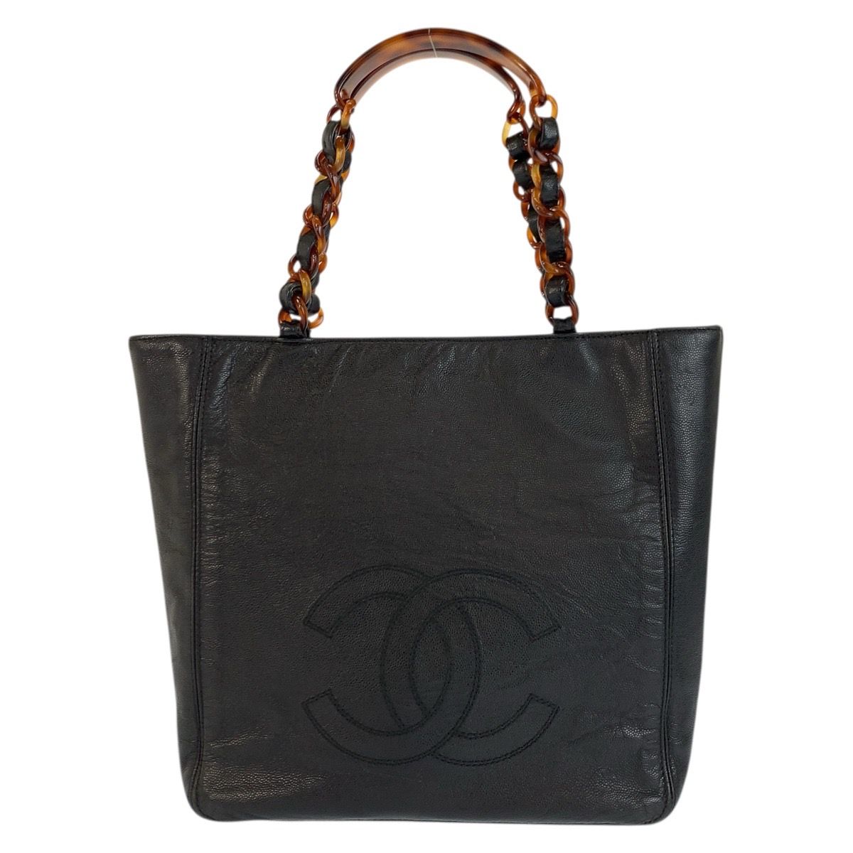 Chanel Vintage CC Logo Marble Chain Black Leather Tote Shoulder Bag