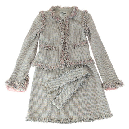 Chanel Tweed CC Logo 38 Pink Set Suit Jacket Skirt