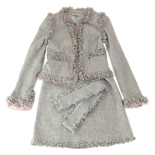 Chanel Tweed CC Logo 38 Pink Set Suit Jacket Skirt