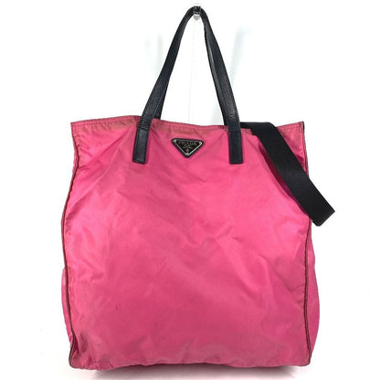 Prada Shoulder Bag Triangle Logo Leather Nylon Pink