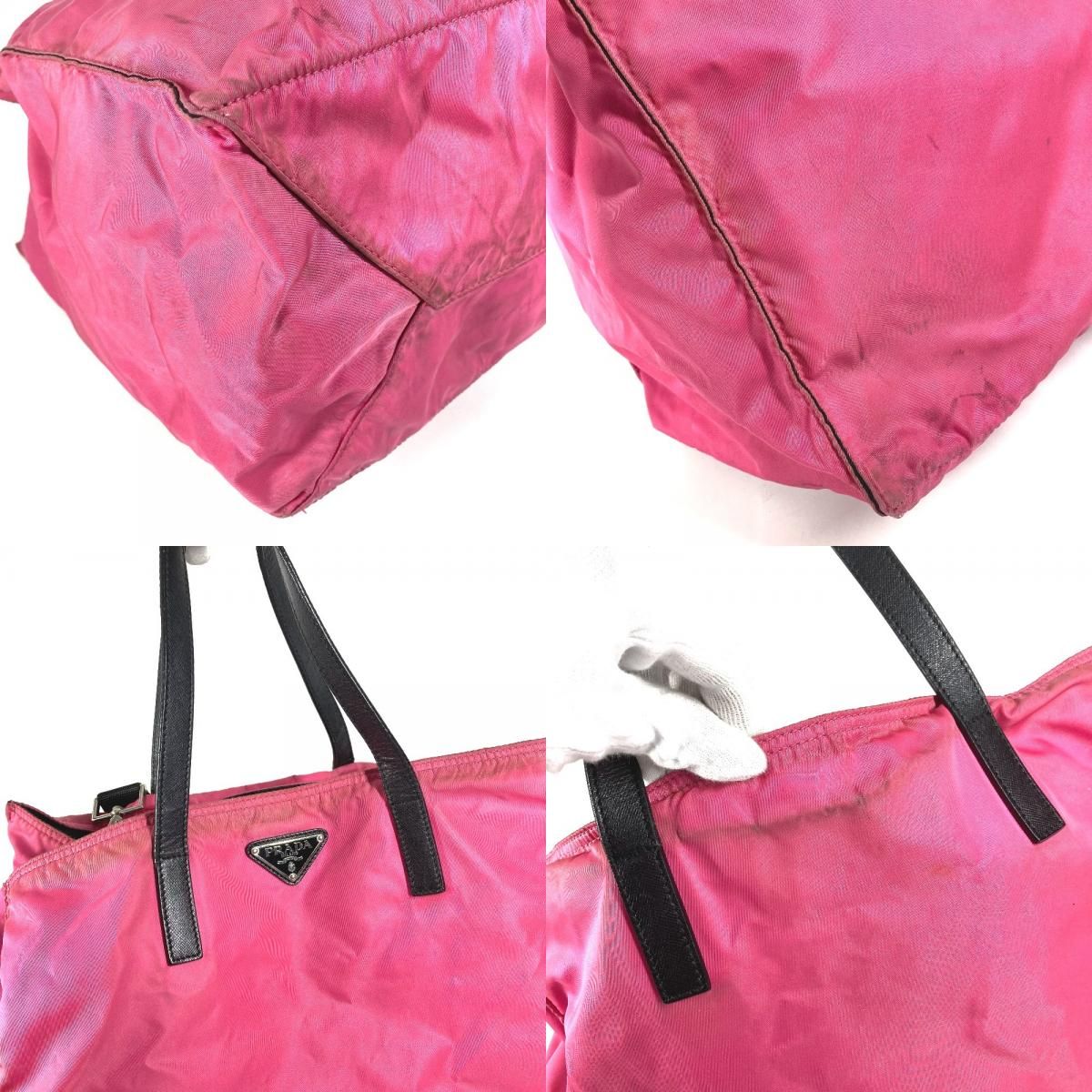 Prada Shoulder Bag Triangle Logo Leather Nylon Pink — view 7