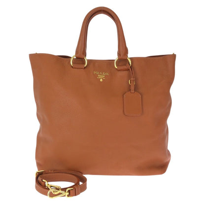 Prada Vitello Dyno 2-Way Brown Camel Gold Leather Tote Shoulder Bag