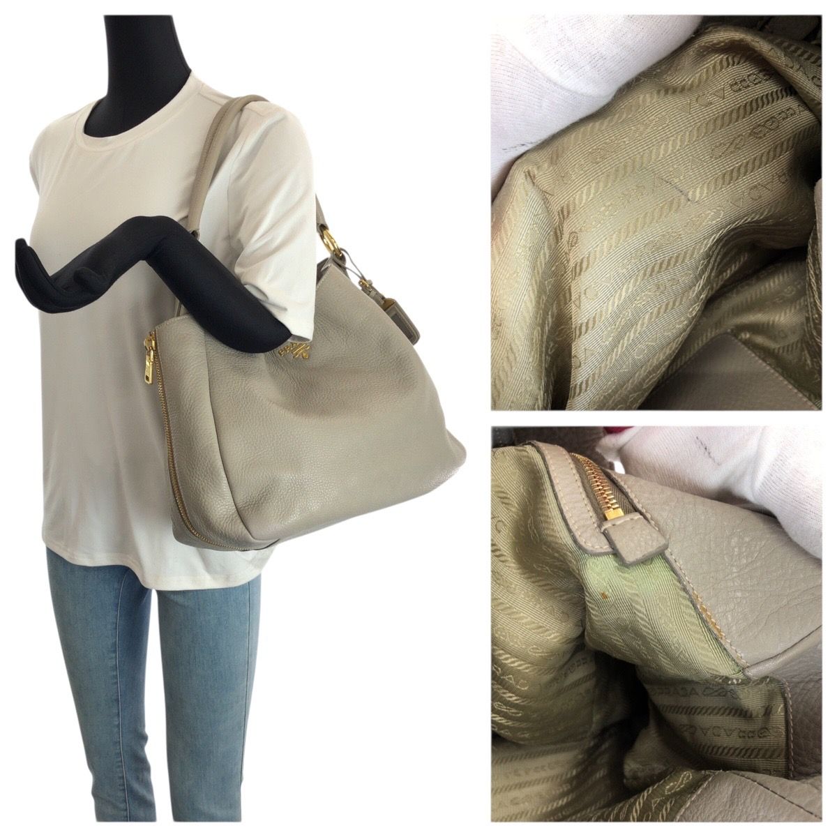 Prada Vitello Dyno Light Gray Gold Leather Hobo Shoulder Bag — view 7
