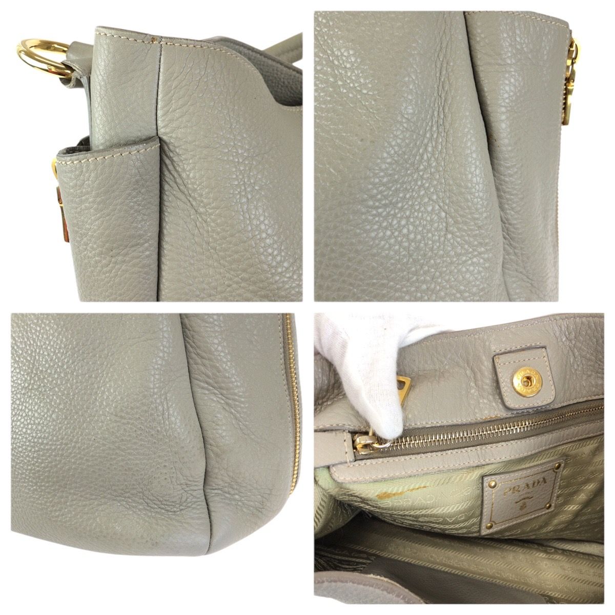 Prada Vitello Dyno Light Gray Gold Leather Hobo Shoulder Bag — view 6