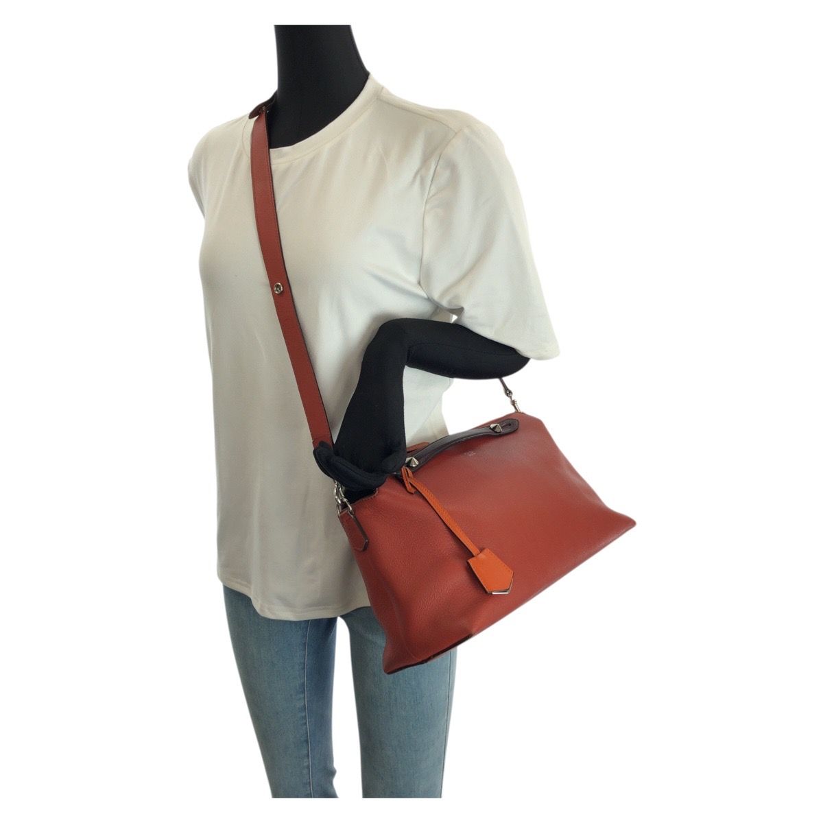 Fendi by the Way 2-Way Large Orange Brown Silver Leather Shoulder Bag — view 7