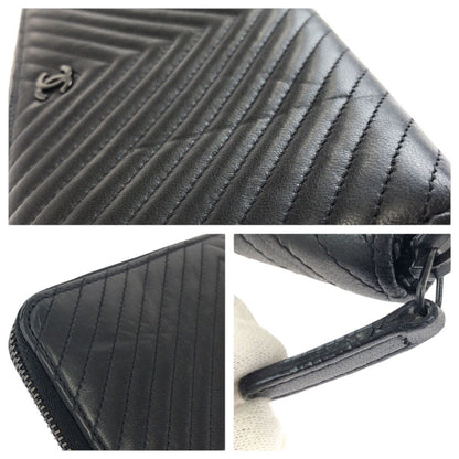 Chanel Chez Blanc Stitch CC Logo Black Gunmetal Lambskin Wallet Zip Around — view 6
