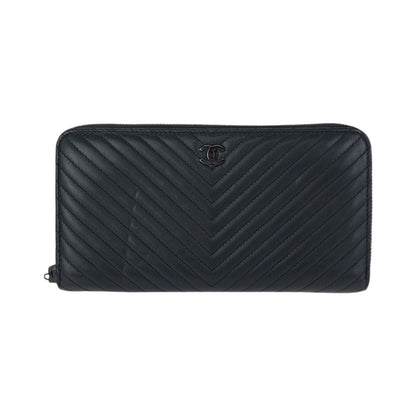 Chanel Chez Blanc Stitch CC Logo Black Gunmetal Lambskin Wallet Zip Around