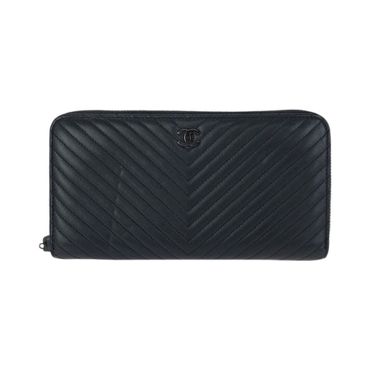 Chanel Chez Blanc Stitch CC Logo Black Gunmetal Lambskin Wallet Zip Around