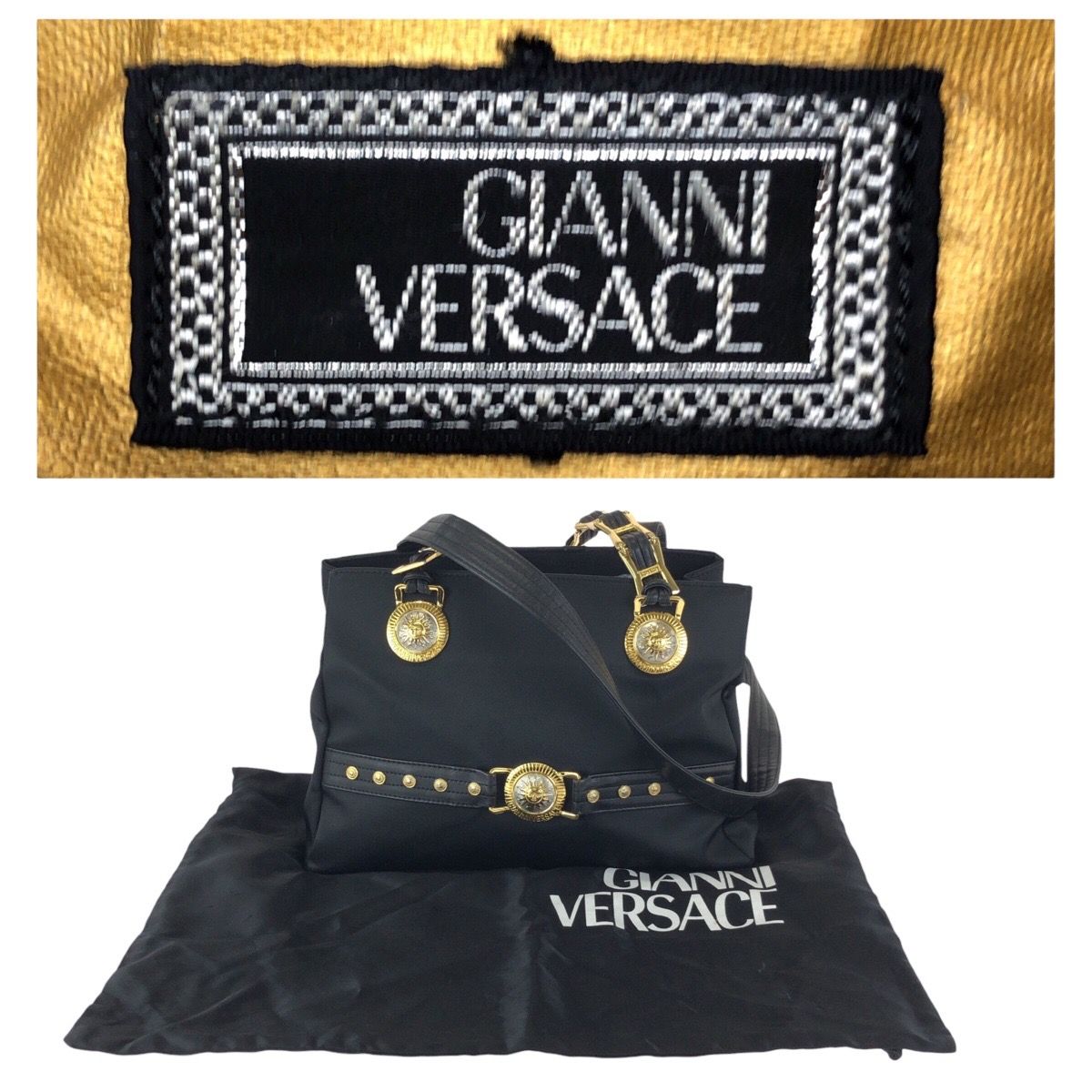 Versace Vintage Sunburst Black Gold Nylon Leather Shoulder Bag — view 4