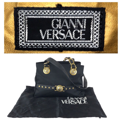 Versace Vintage Sunburst Black Gold Nylon Leather Shoulder Bag — view 4