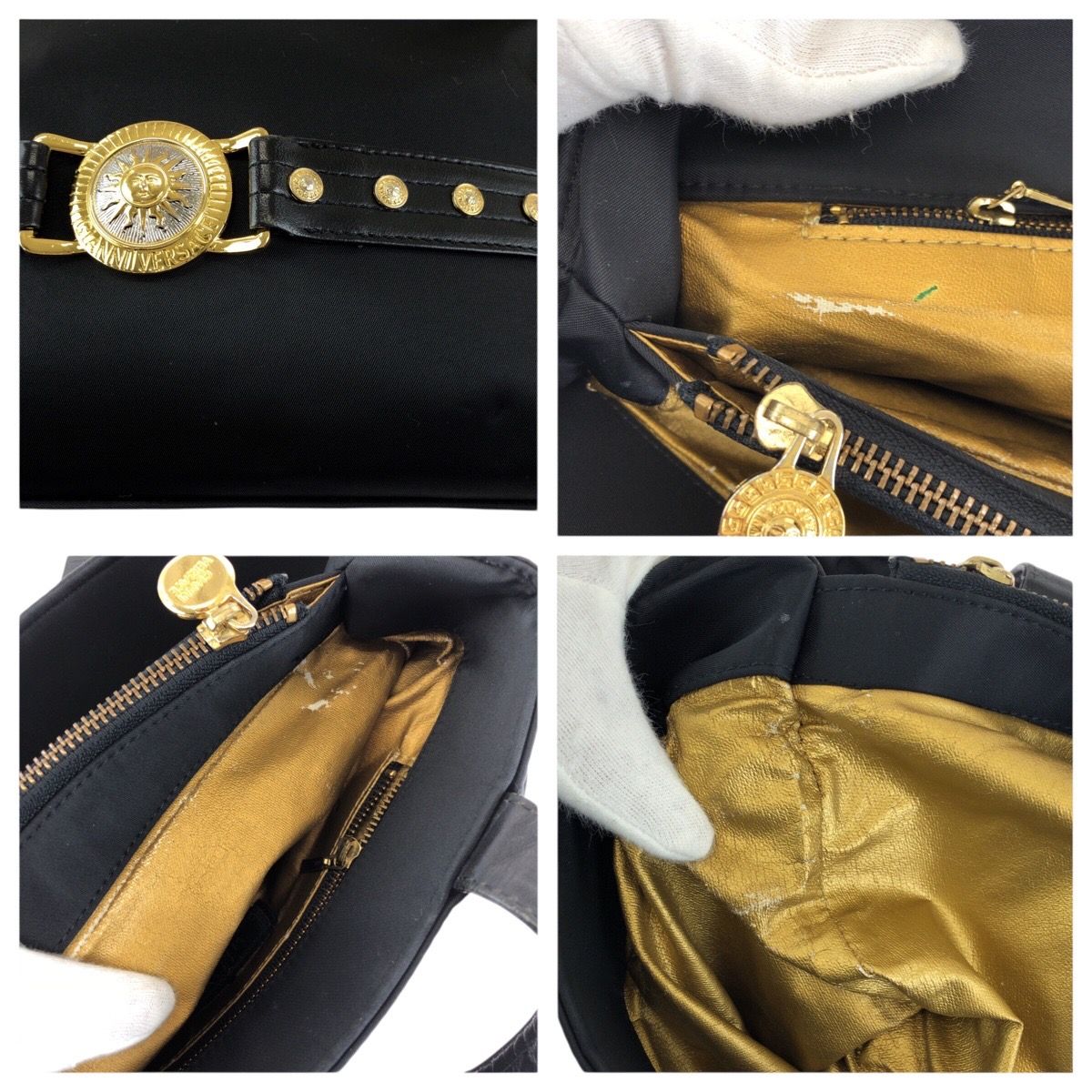 Versace Vintage Sunburst Black Gold Nylon Leather Shoulder Bag — view 5