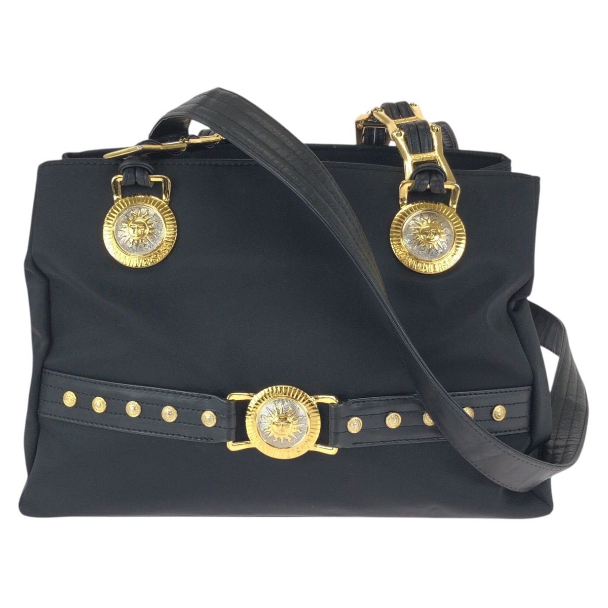 Versace Vintage Sunburst Black Gold Nylon Leather Shoulder Bag