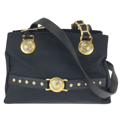 Versace Vintage Sunburst Black Gold Nylon Leather Shoulder Bag