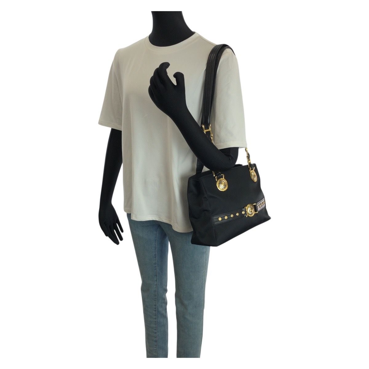 Versace Vintage Sunburst Black Gold Nylon Leather Shoulder Bag — view 7