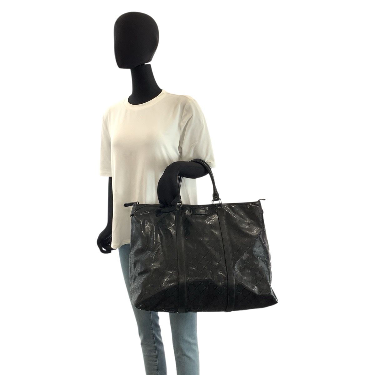 Gucci GG Supreme Black Leather Tote Boston Bag — view 6