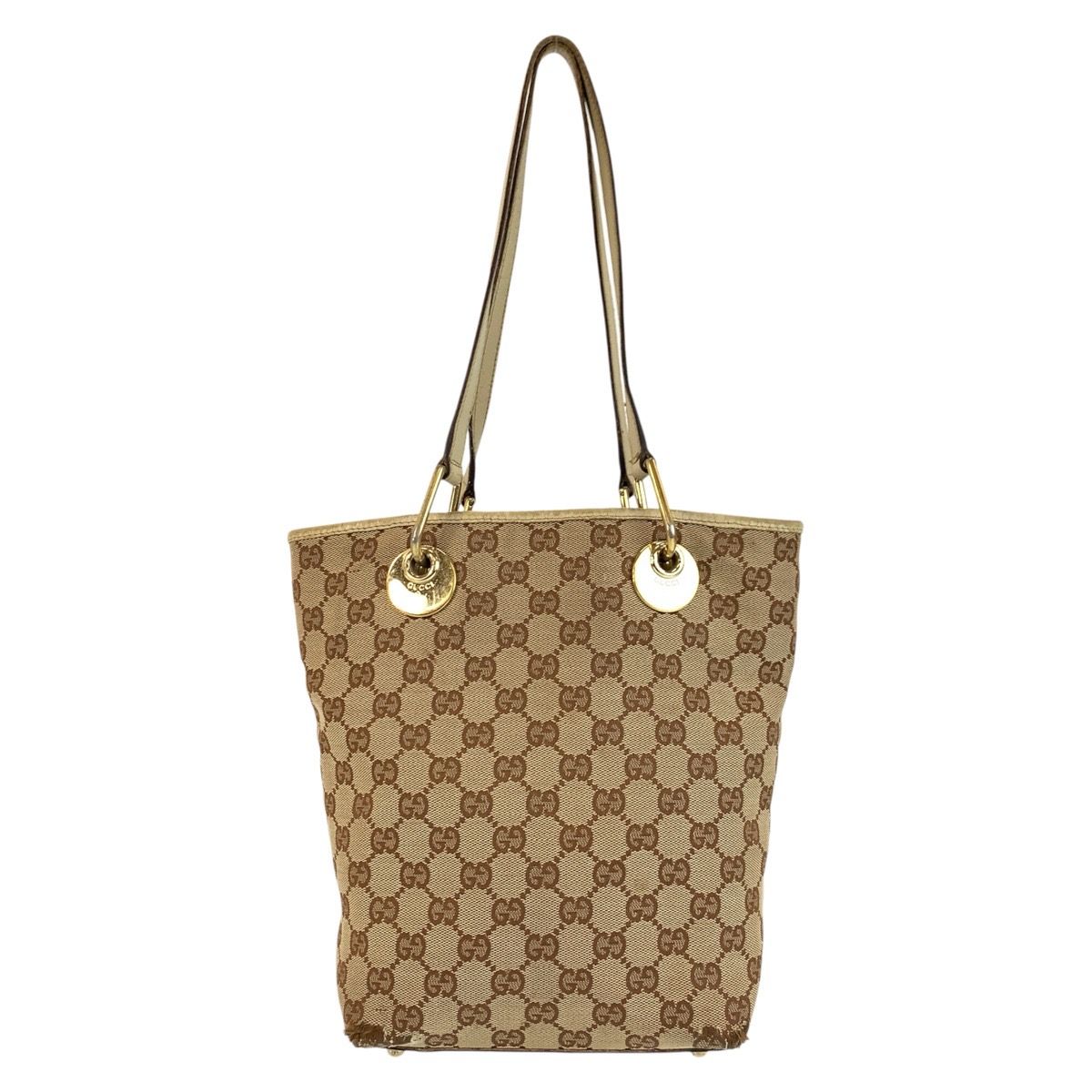 Gucci Beige Ivory Gold GG Canvas Leather Tote Shoulder Bag — view 2