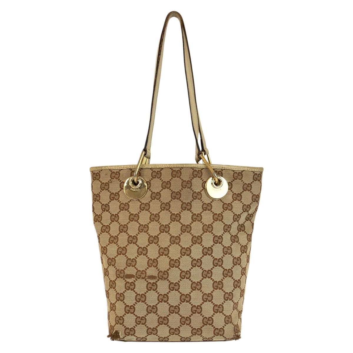 Gucci Beige Ivory Gold GG Canvas Leather Tote Shoulder Bag